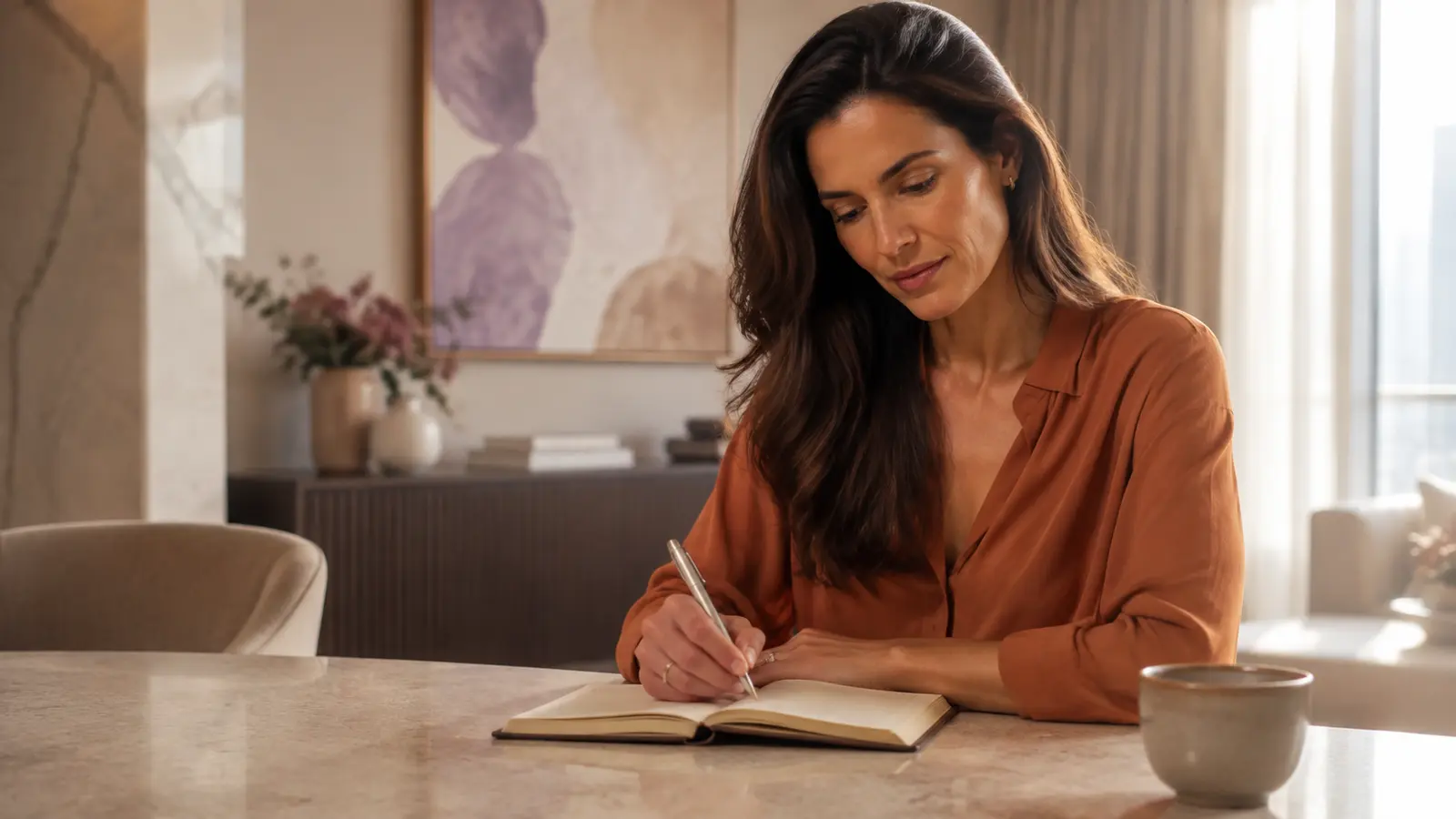 Mulher adulta de roupa terracota escrevendo em um caderno em ambiente contemporâneo claro