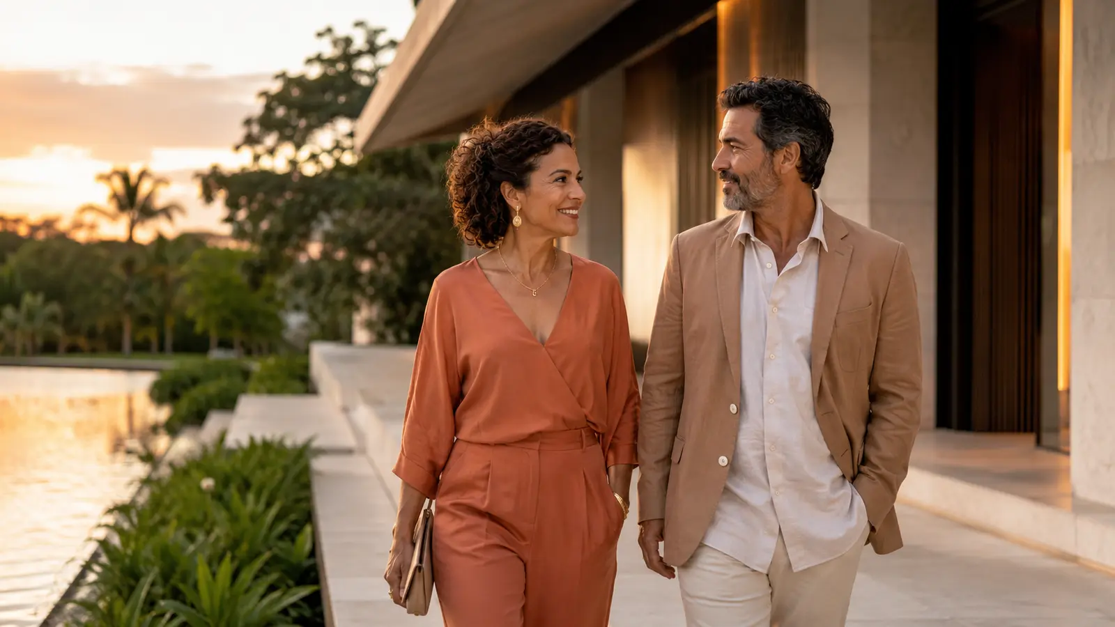 Casal adulto caminhando em ambiente sofisticado ao ar livre com sensação de parceria e futuro