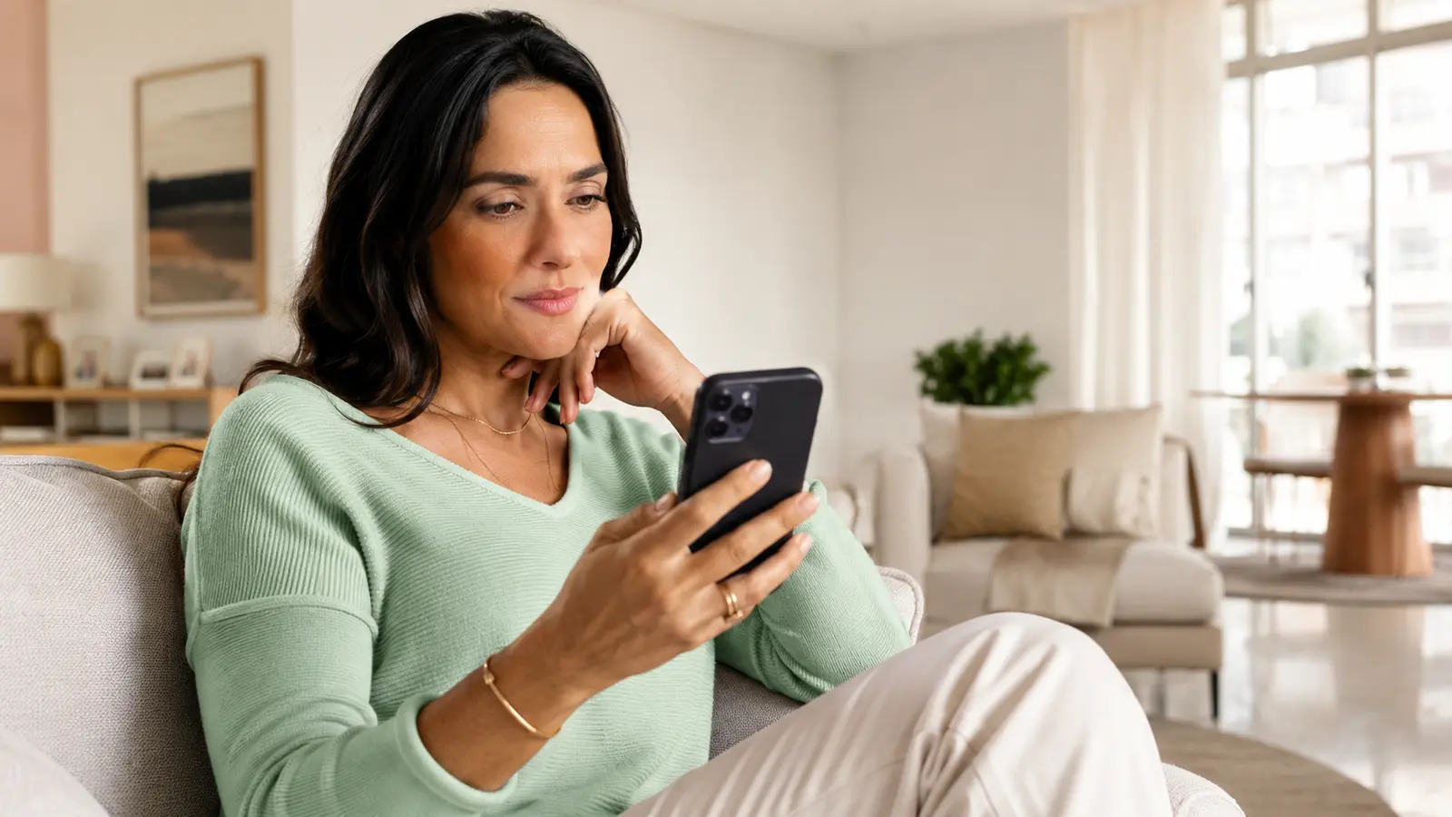 Mulher de roupa verde-menta lendo uma mensagem no celular em apartamento sofisticado e claro