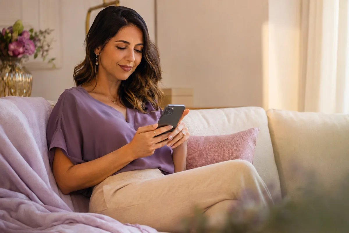 Mulher lendo conteúdos da AMARIA em seu smartphone